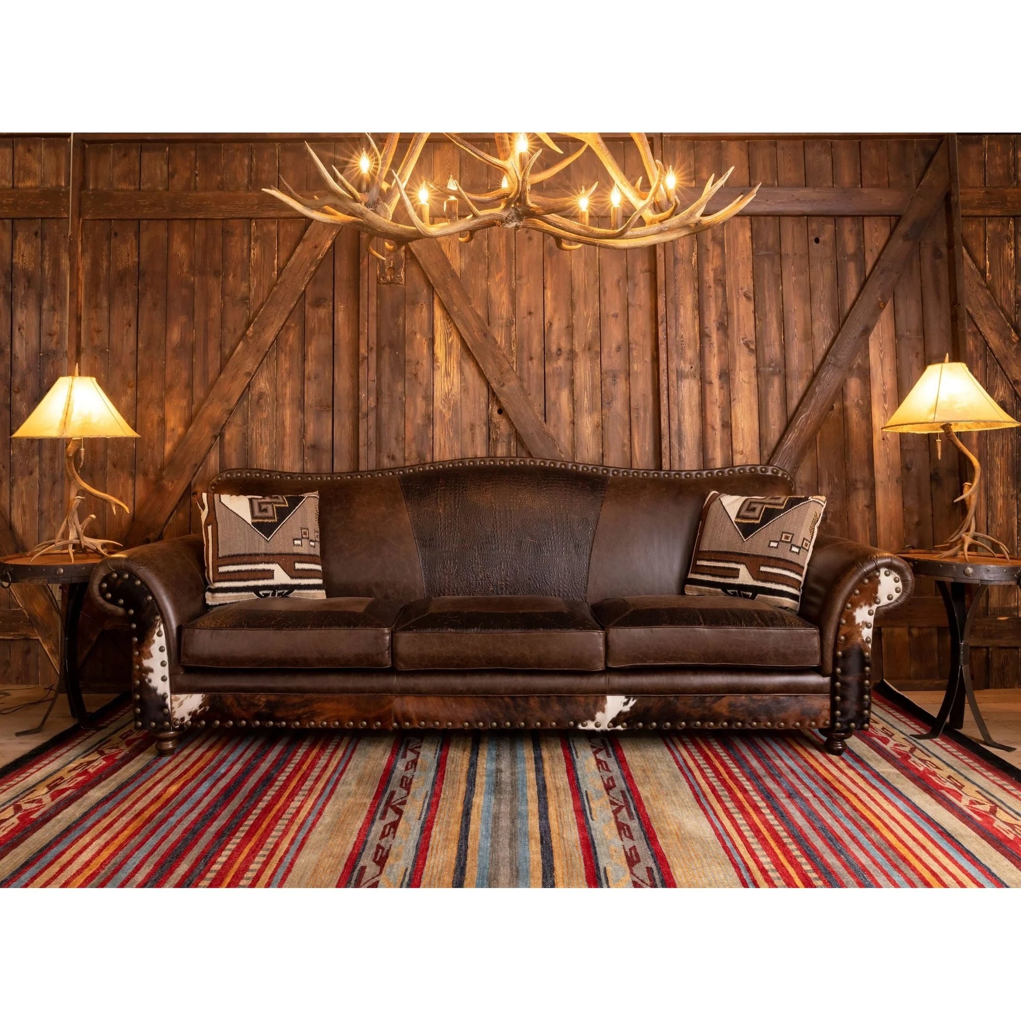 Western Sofa with Antler Lighting Style and Cowhide