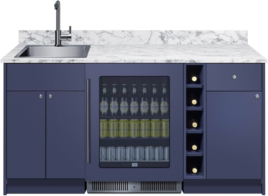 Wet Bar Cabinet Slate Blue Finish Built-In Refrigerator