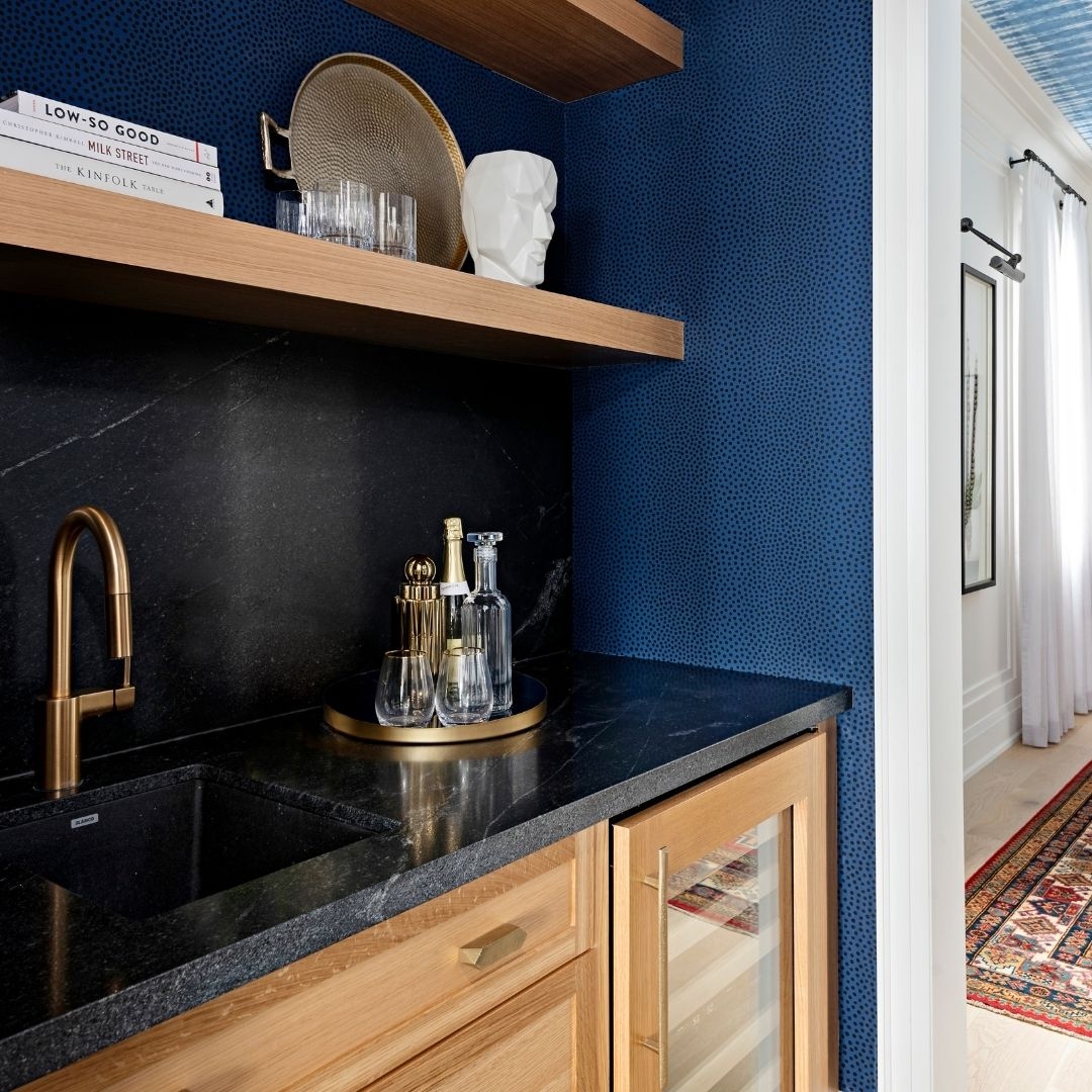 Wet Bar Moody Design Textured Blue Wallpaper Floating Shelf