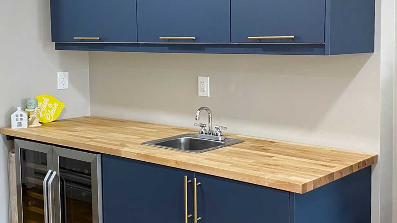 Wet Bar Navy Blue Cabinets Gold Hardware Butcher Block