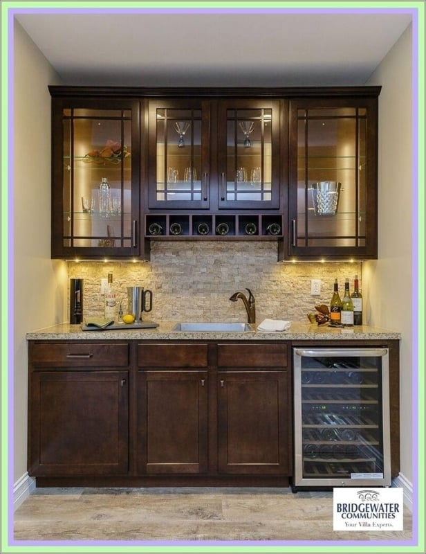 Wet Bar Unit Dark Wood Espresso Stackstone Backsplash