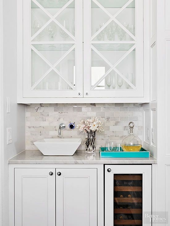 Wet Bar White Vessel Sink X-Mullion Glass Cabinets
