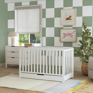 White Crib Playful Nursery Decor with Checkerboard Wall