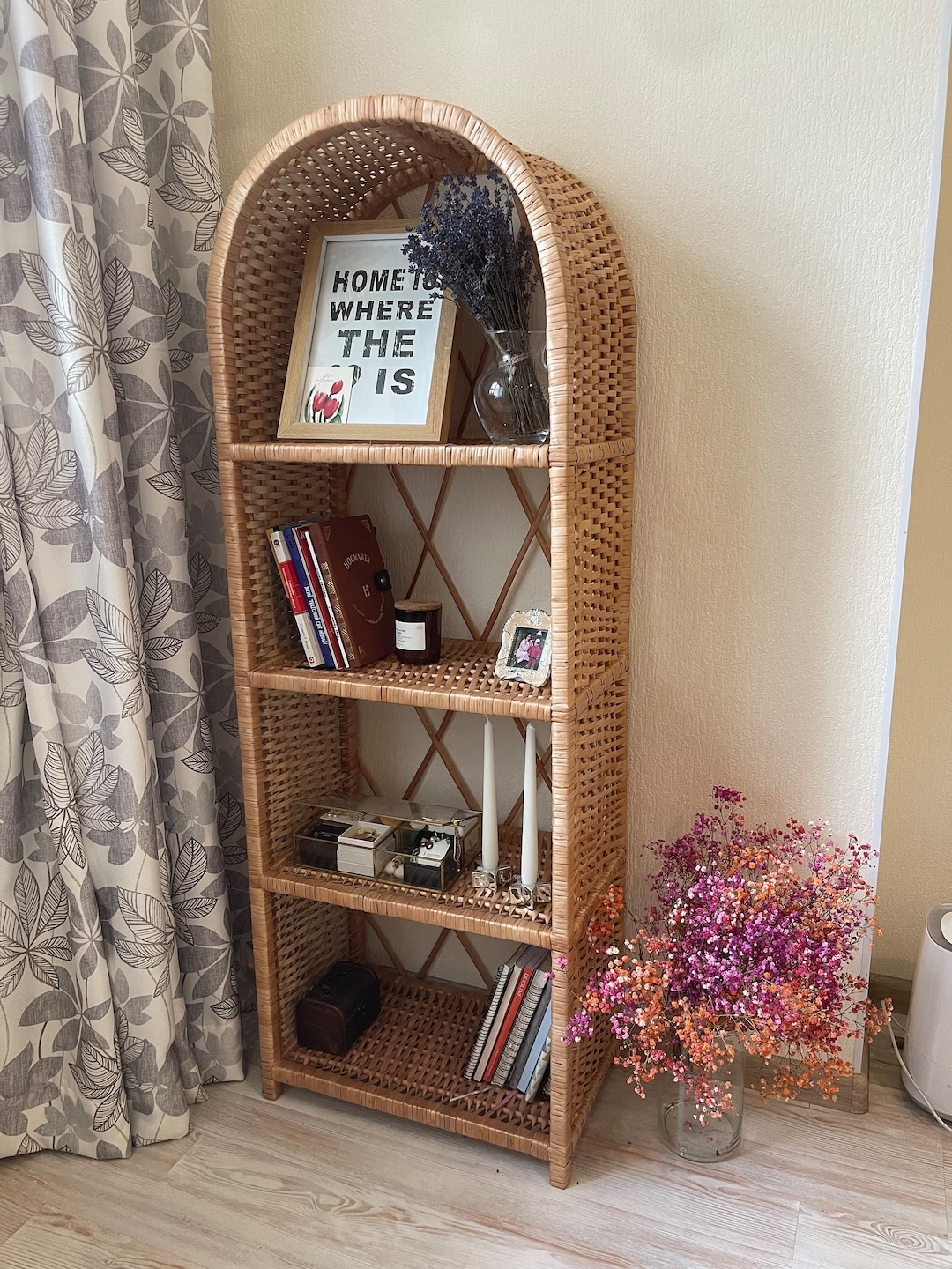 Wicker Bookshelf Arched Silhouette Woven Rattan Storage