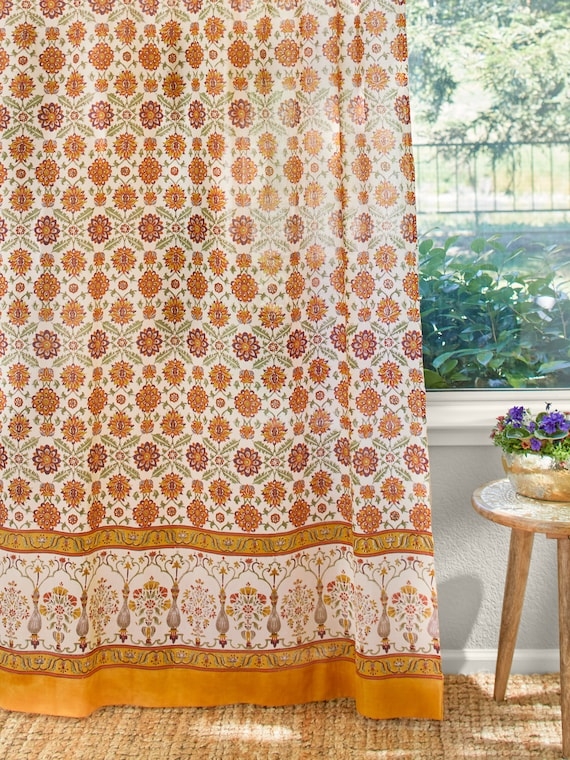 Window Curtain: Bordered Hem Mustard Orange Floral Drapes