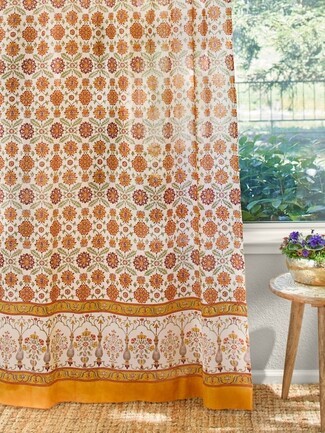 Window Curtain: Bordered Hem Mustard Orange Floral Drapes