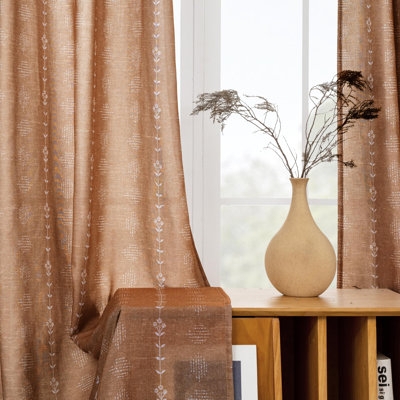 Window Curtains Floral Embroidery Earthy Sheer Linen