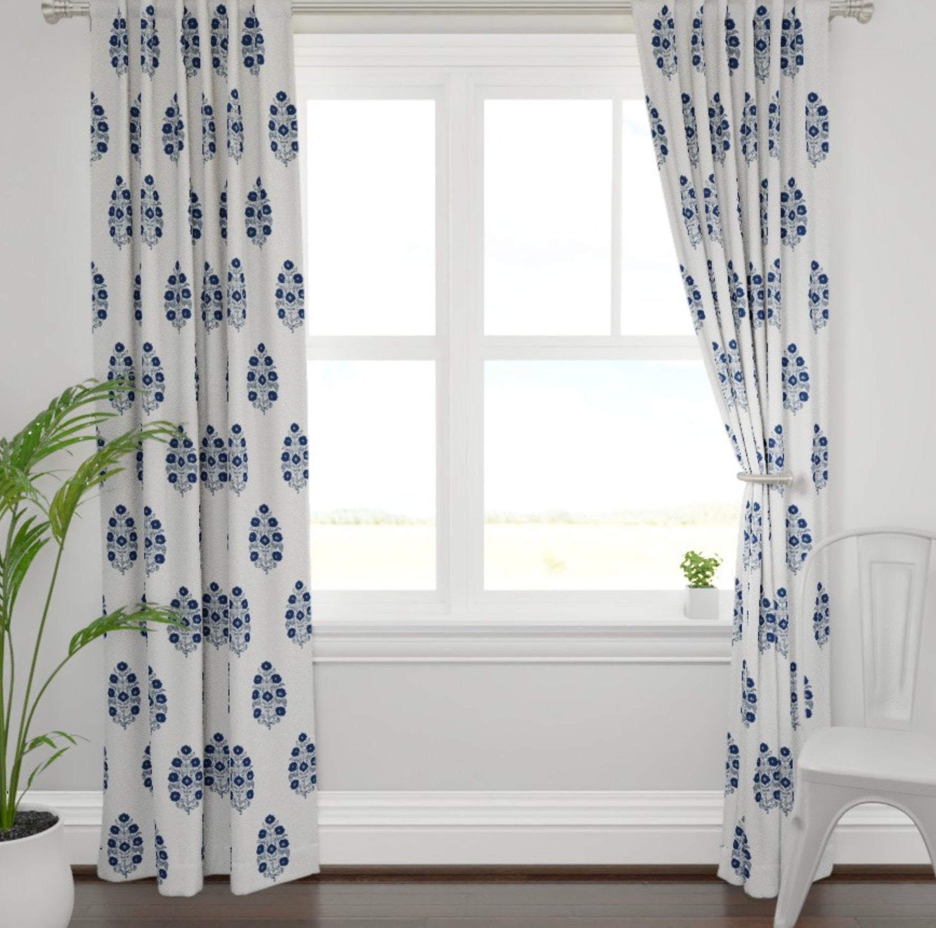 Window Curtains: Navy Mughal Flower Long Wide Drapes