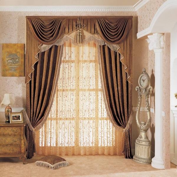 Window Curtains: Scalloped Swags Brown Jacquard Decor