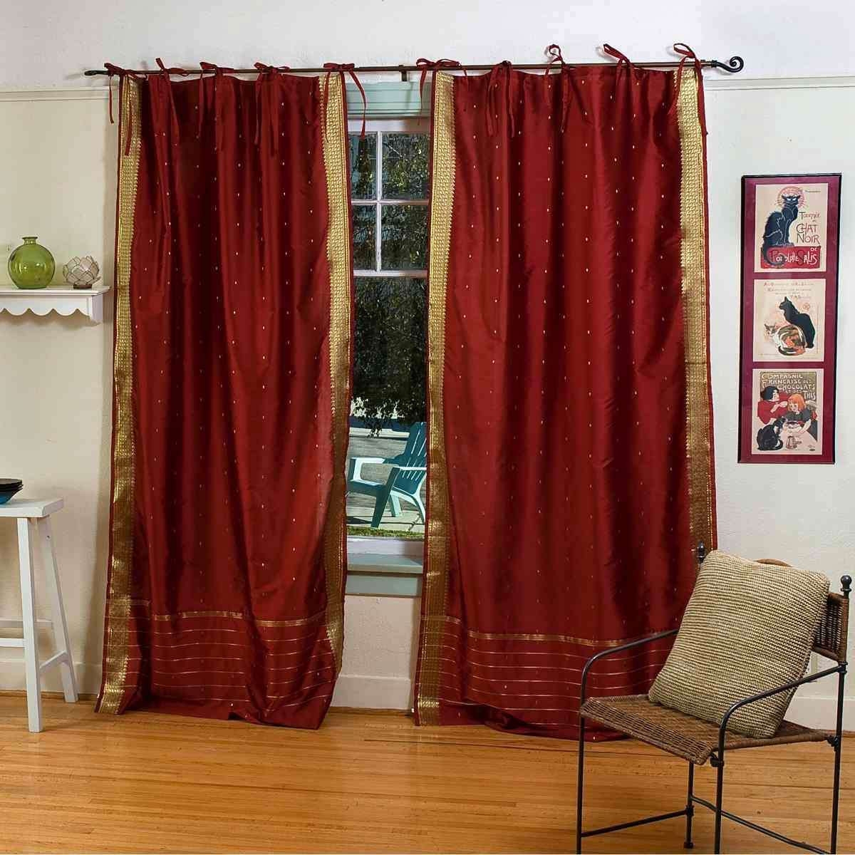 Window Curtains Tie Top Gold Sari Border Red Drapes