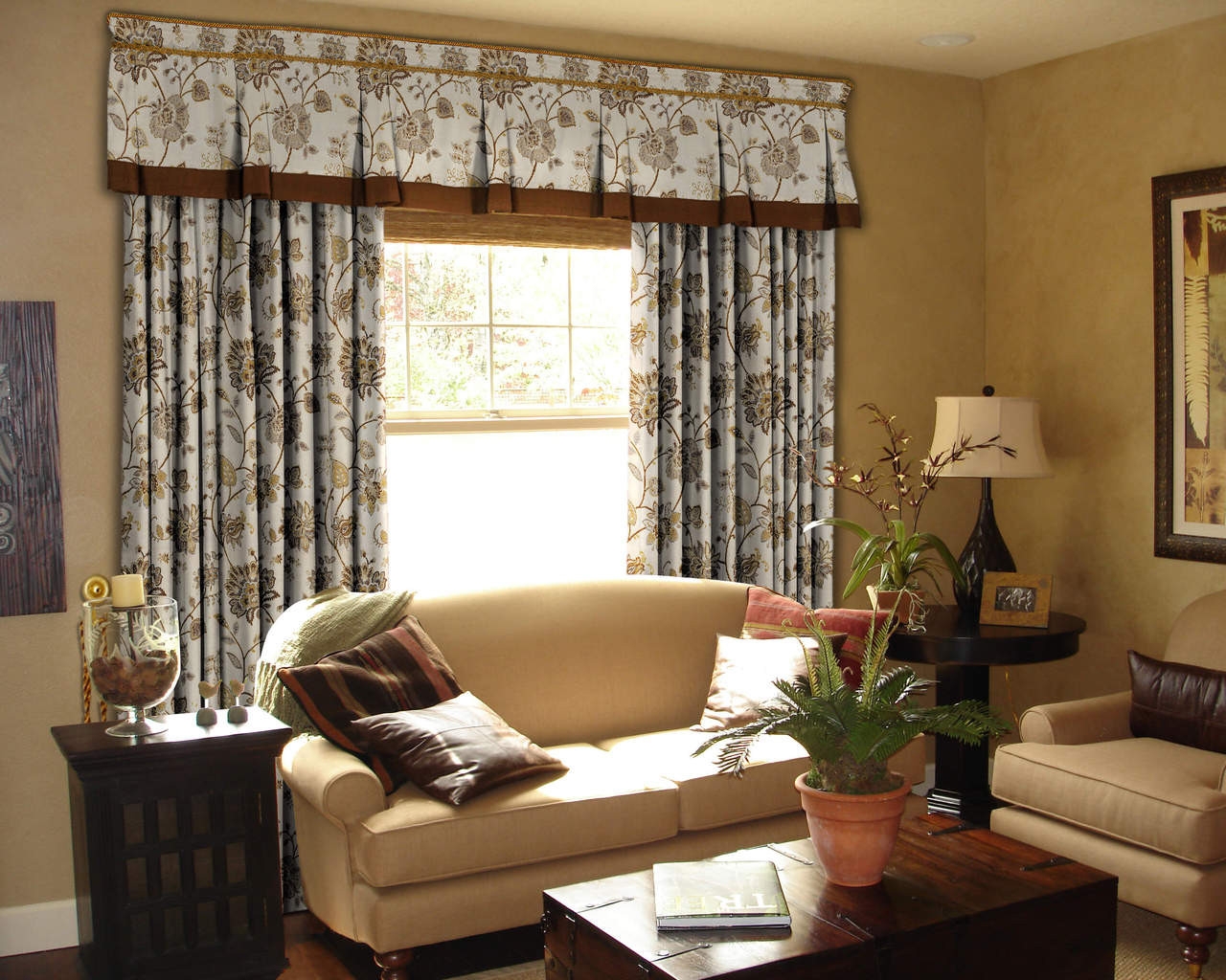 Window Treatment Set Chocolate Brown Trim Botanical Floral Print