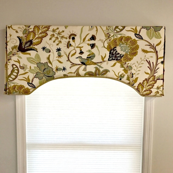 Window Valance Botanical Bird Print Arched Profile Contrast Trim