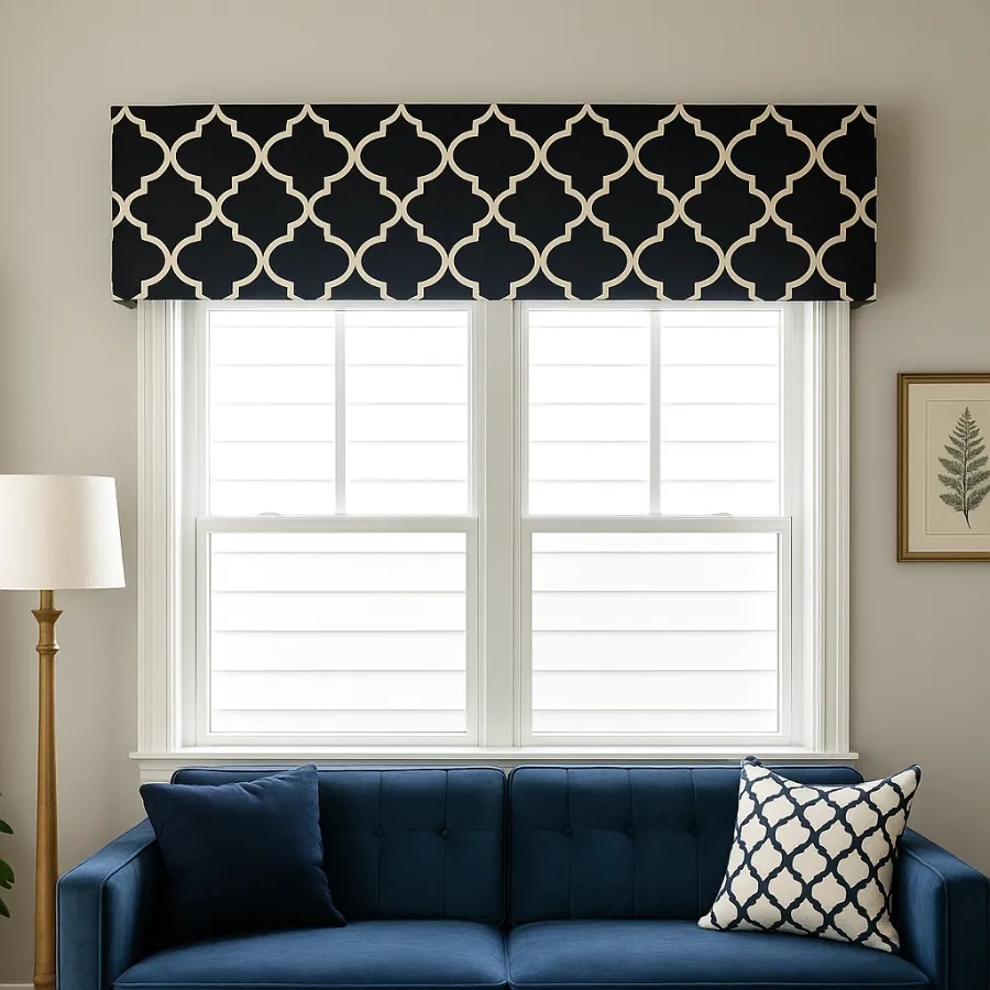 Window Valance Box Quatrefoil Pattern Navy Blue Upholstery