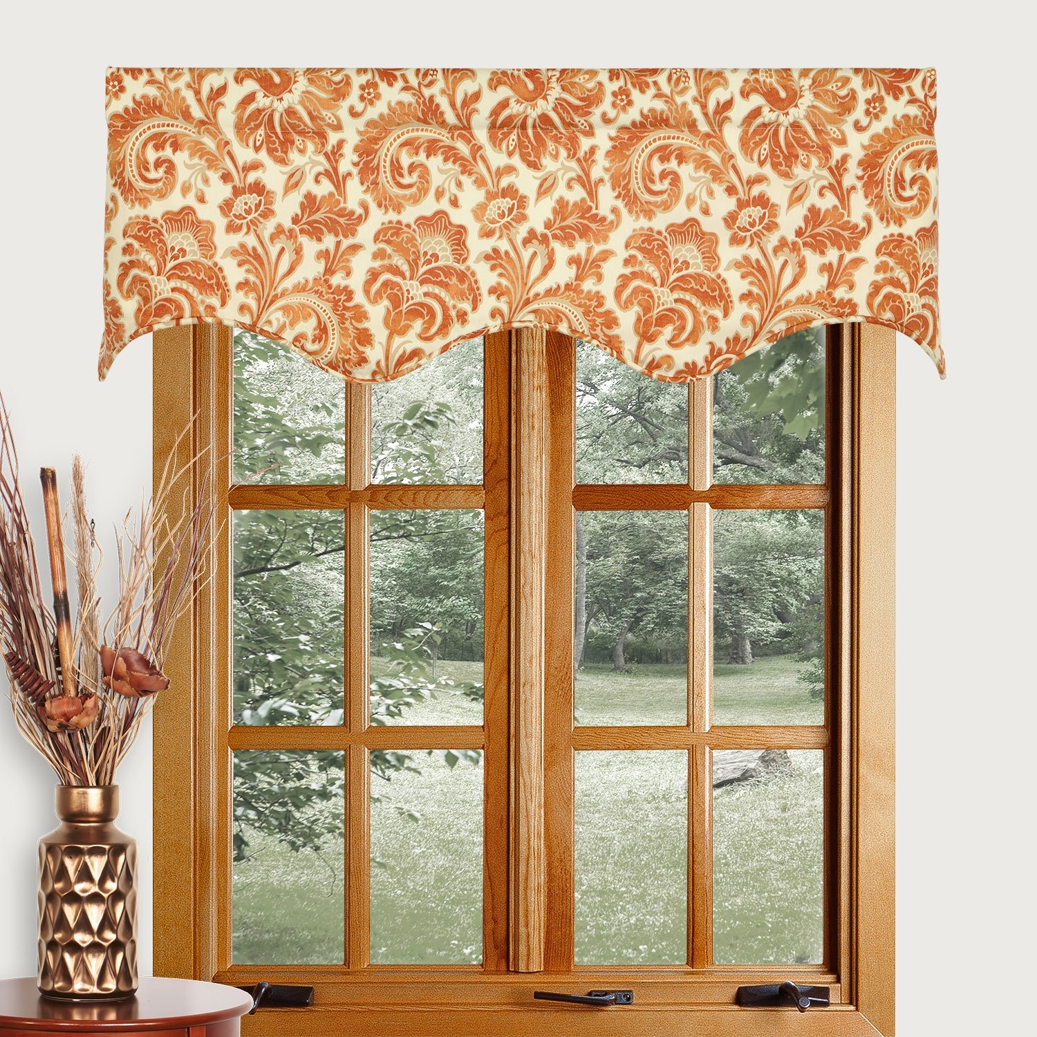 Window Valance Scalloped Bottom Edge Orange Damask Floral Print