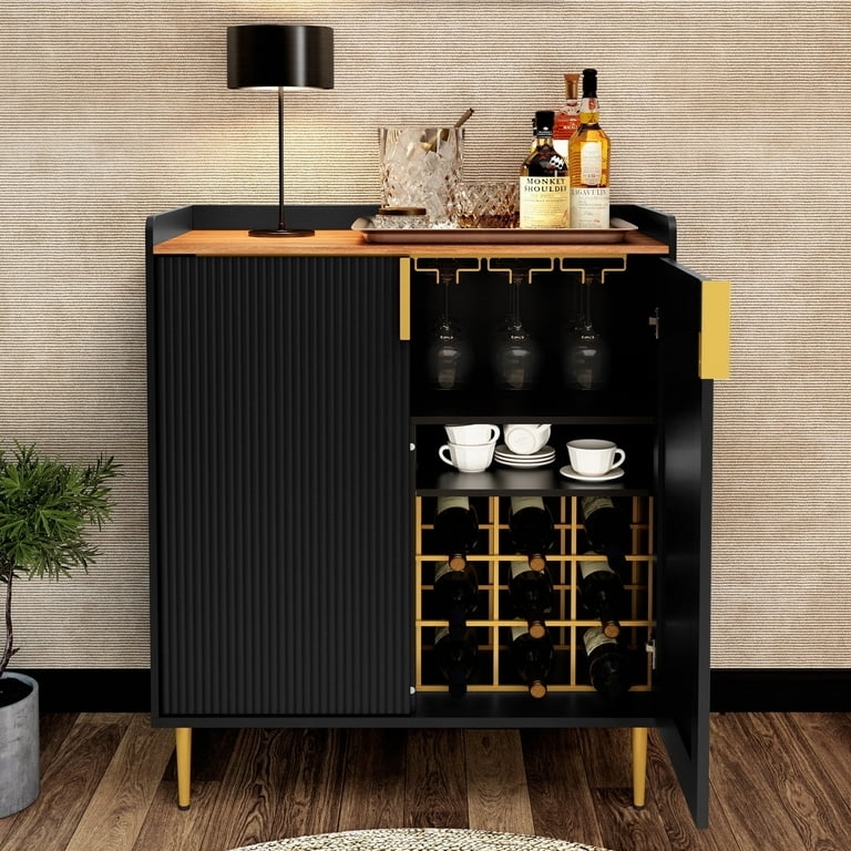 Wine Bar Cabinet with Fluted Doors and Black Wine Storage