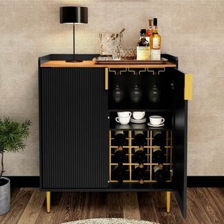 Wine Bar Cabinet with Fluted Doors and Black Wine Storage