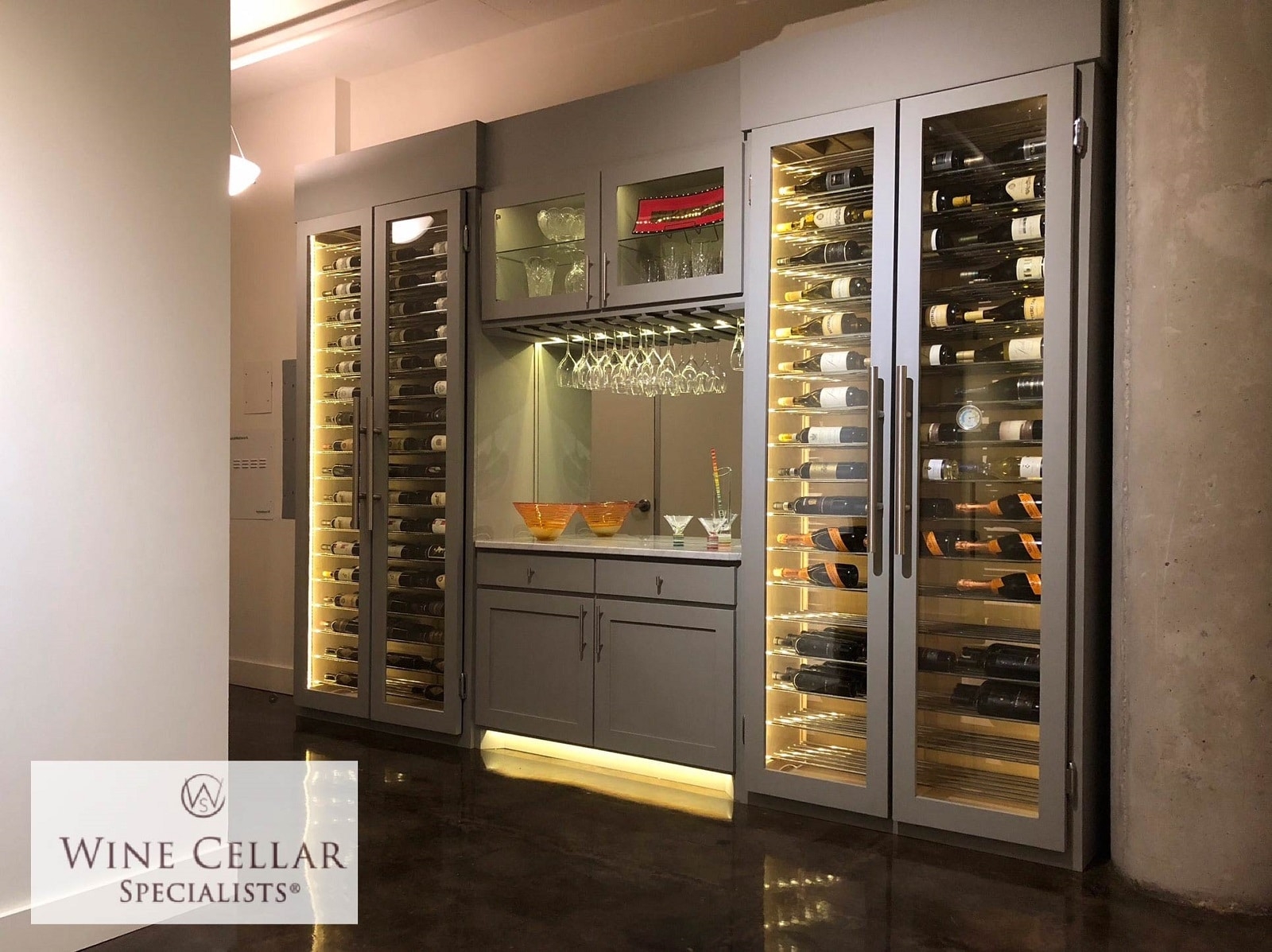 Wine Cabinet in Built-In Alcove and Custom Gray Wine Cabinets