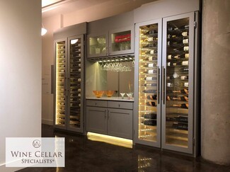 Wine Cabinet in Built-In Alcove and Custom Gray Wine Cabinets