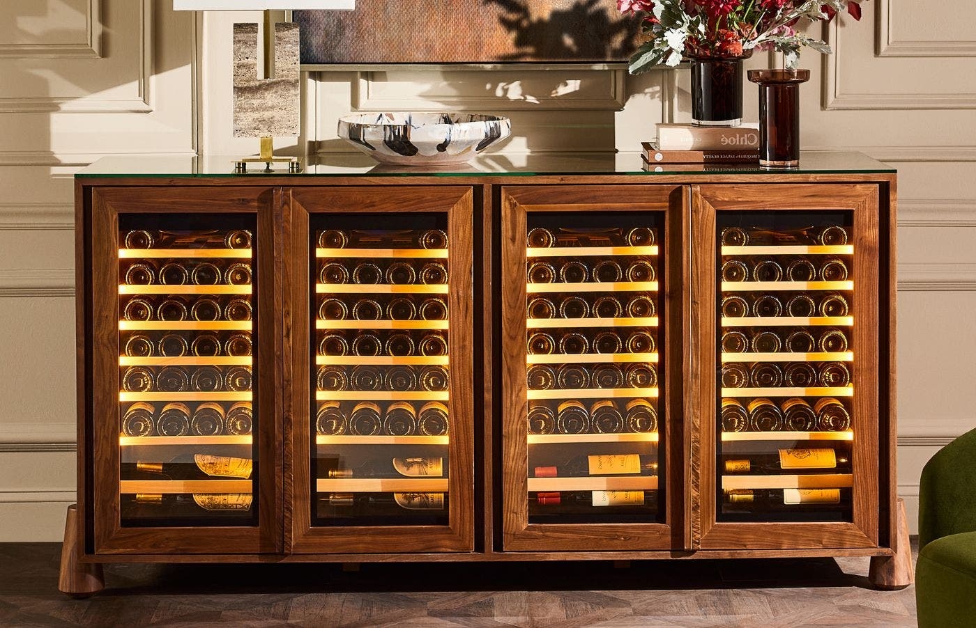 Wine Cabinet with Wide Profile and Walnut Finish Wine Storage