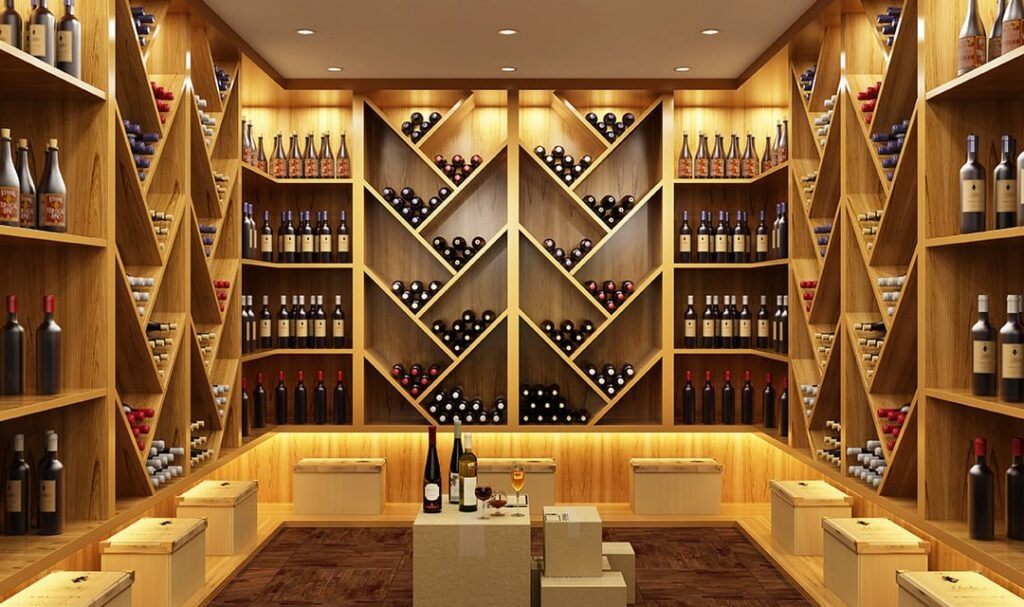 Wine Racking System with Chevron Racks and Wooden Bottle Display