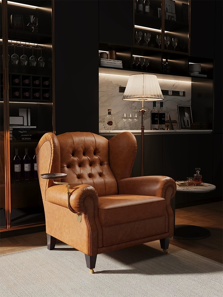 Wingback Armchair with Integrated Drink Tray and Tufting