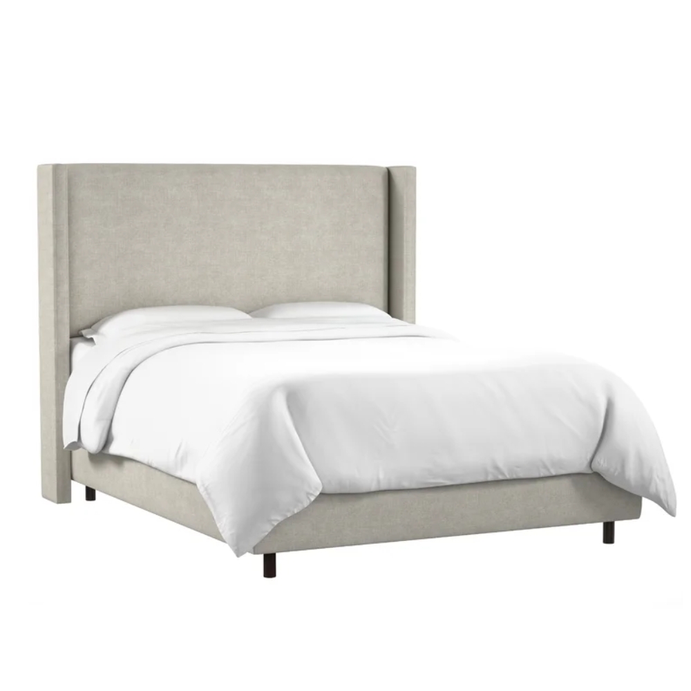 Wingback Bed: Tall Headboard with Winged Sides in Beige