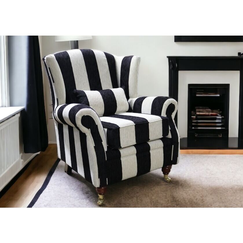Wingback Chair Brass Casters Harrison Stripe Detail