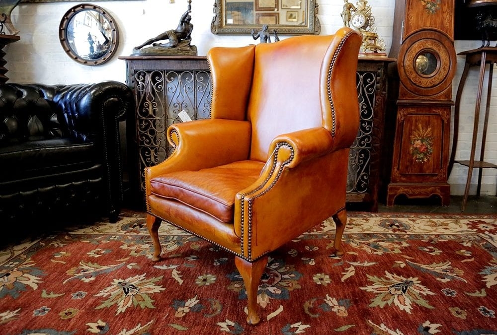 Wingback Chair with Nailhead Trim and Cognac Tan Leather Finish