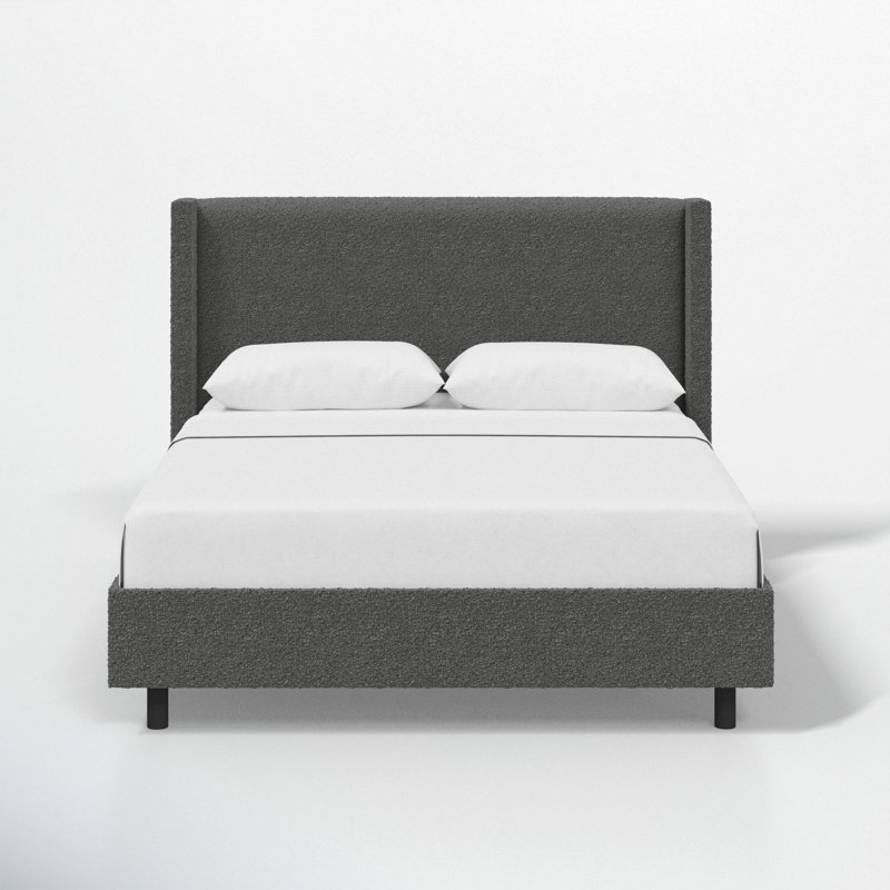 Wingback Platform Bed in Charcoal Grey Textured Fabric Design