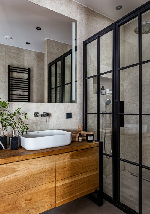 Wood Bathroom Vanity with Black Grid Shower Frame Design