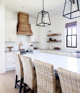 Wood Range Hood Tapered Design Woven Rattan Stool Kitchen