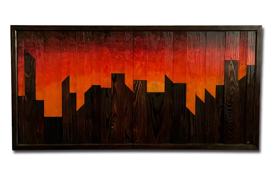 Wooden Wall Art: Cityscape Wood Wall Art Sunrise Skyline