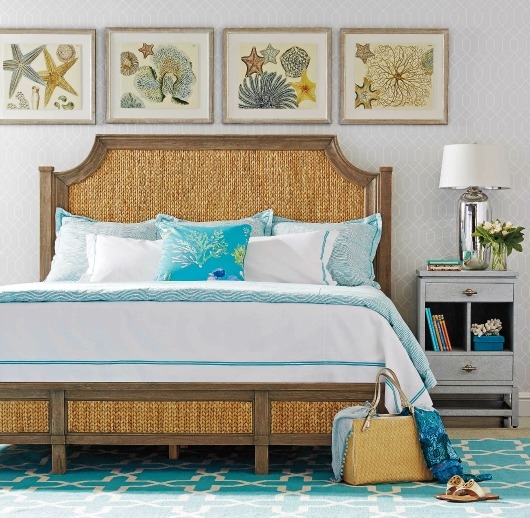 Woven Bed with Rattan Headboard and Turquoise Rug Decor