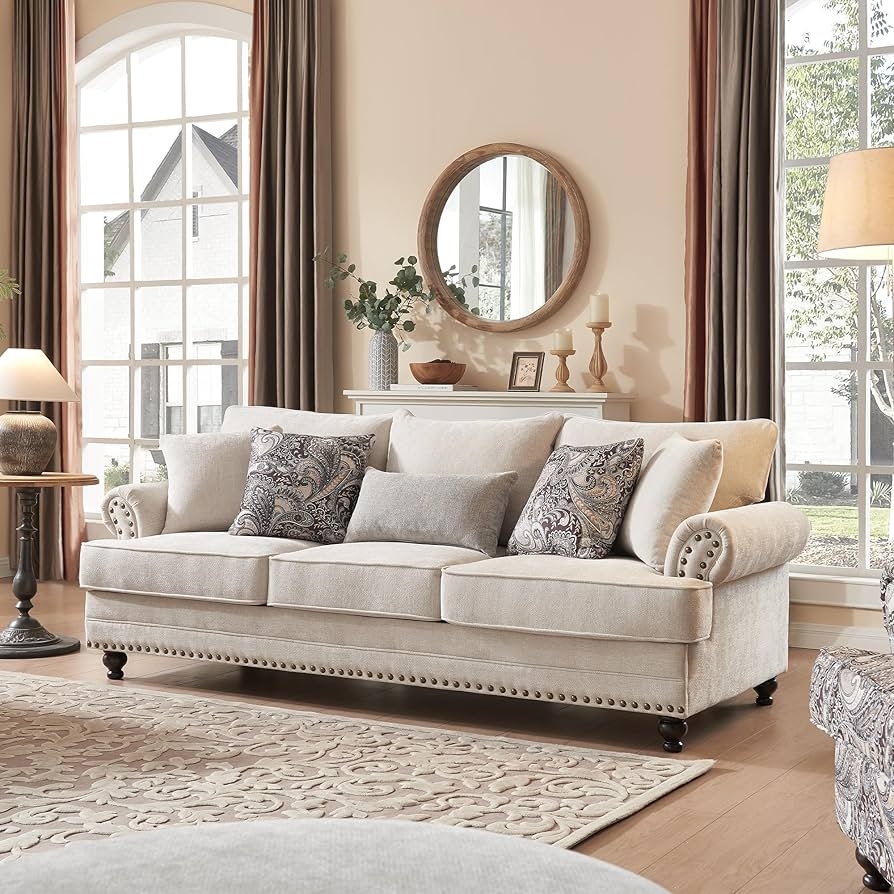 3 Seat Sofa with Nailhead Trim and Cream Chenille Couch