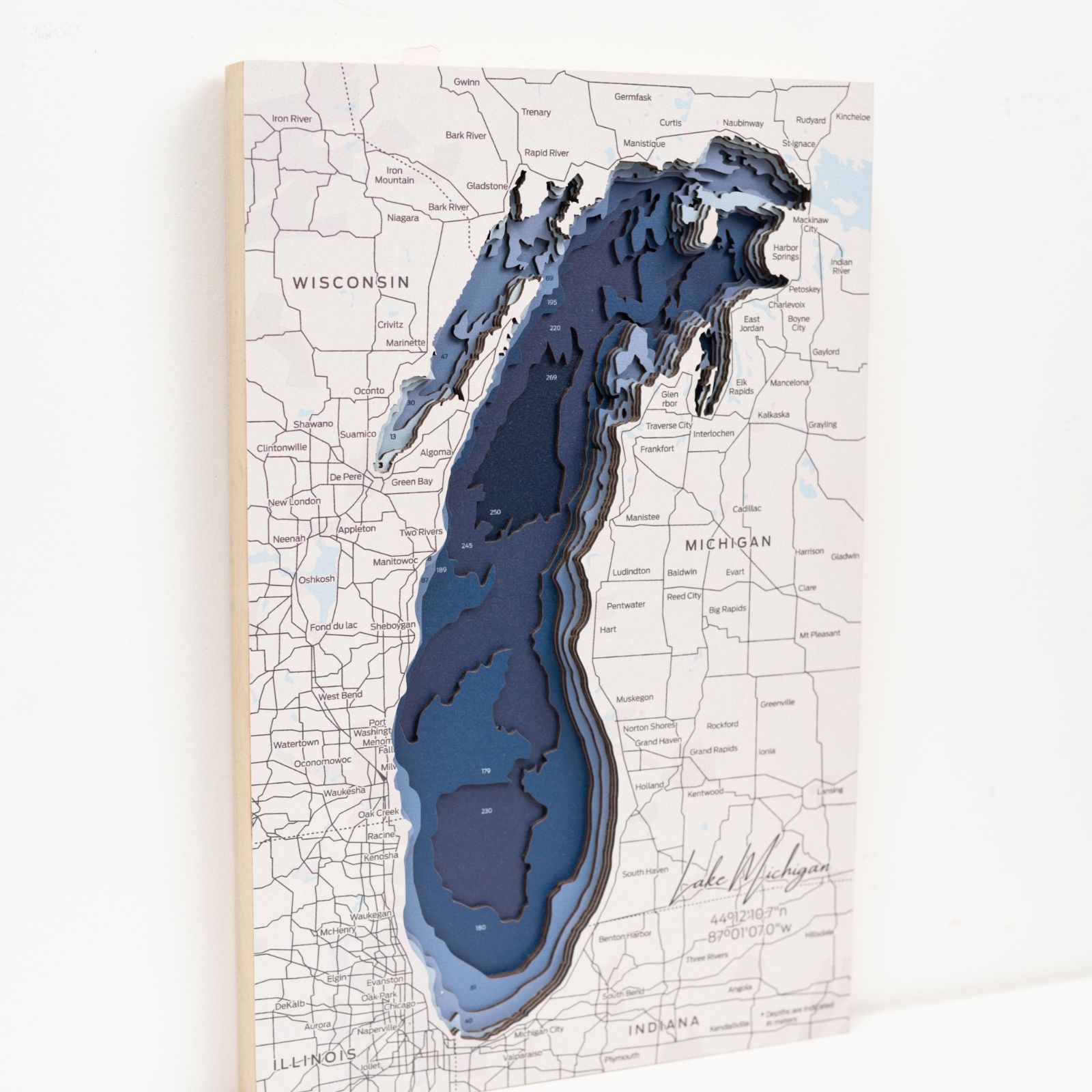 3D Wall Map Bathymetric Layers Etched Lake Michigan