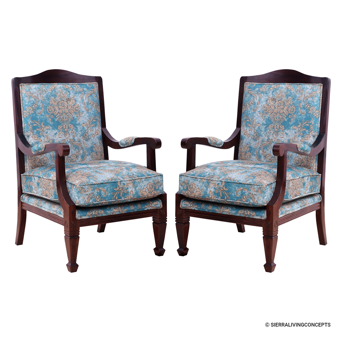 Accent Armchair Set with Blue Floral Damask Upholstery