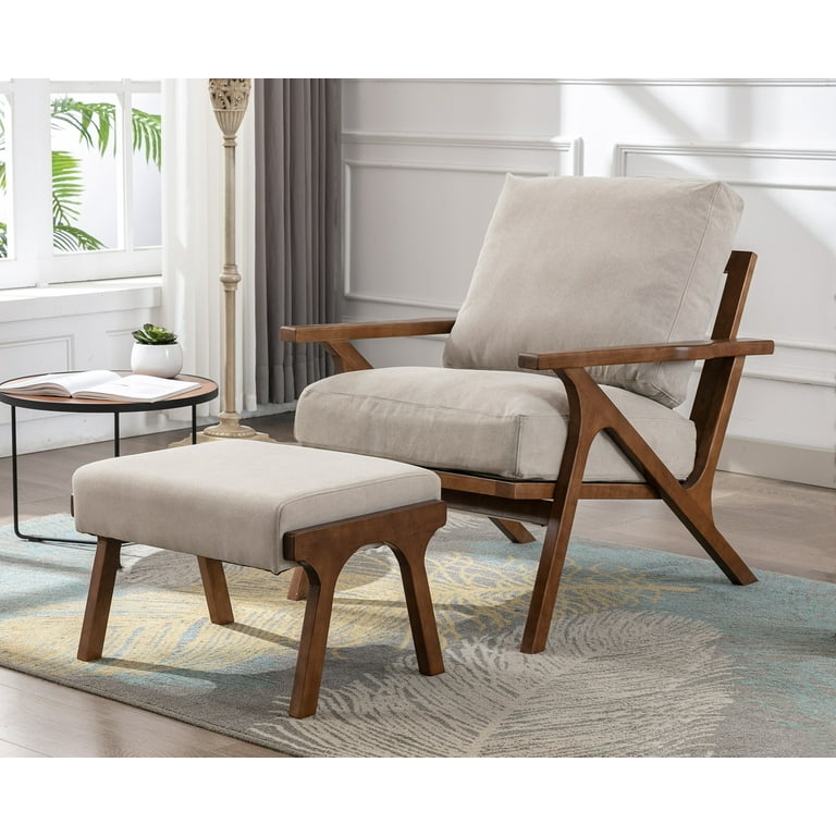Accent Chair Beige Upholstered Lounge Chair with Angled Wooden Legs