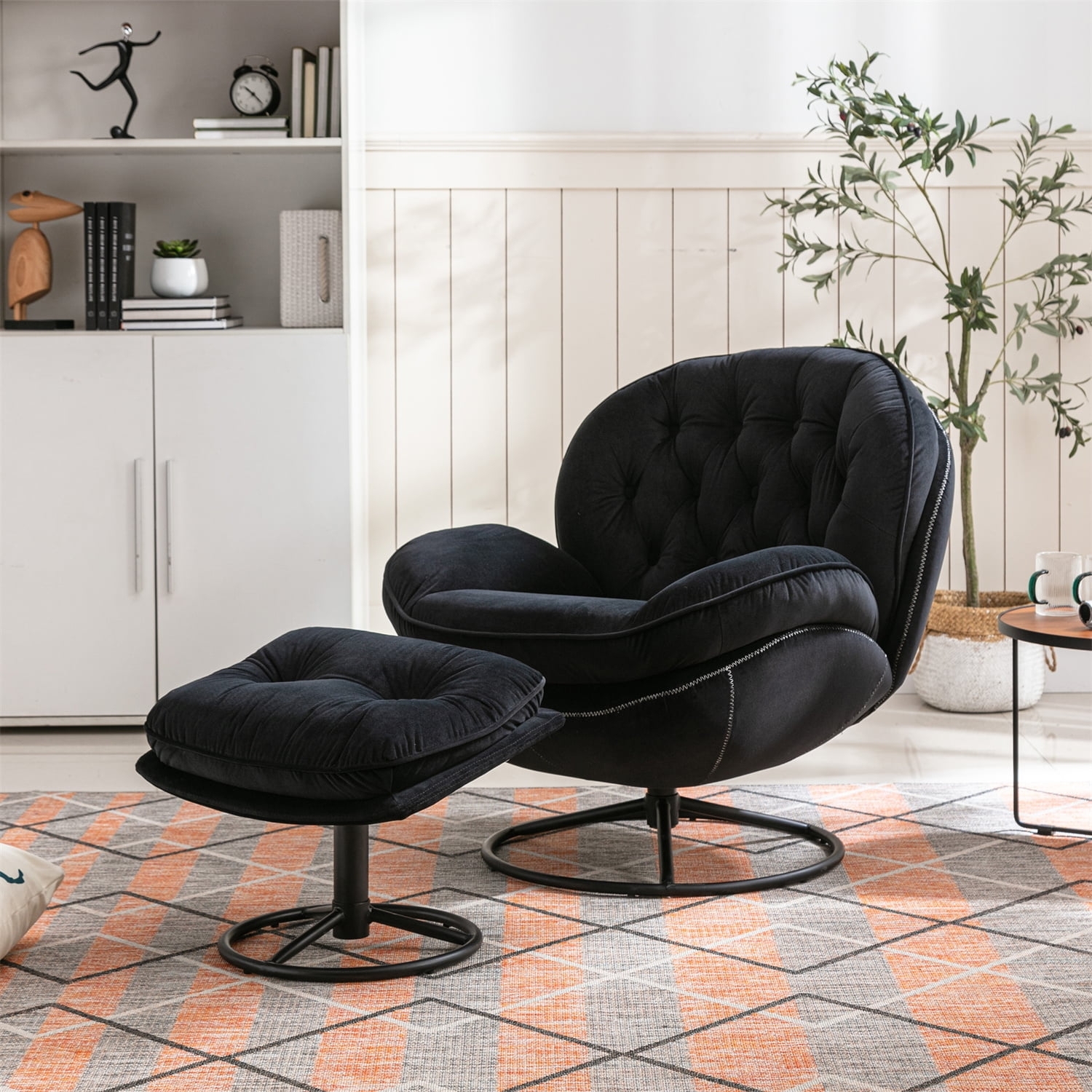 Accent Chair: Black Velvet Contrast Stitching Swivel Set