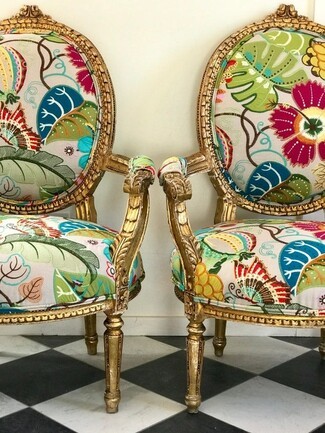 Accent Chair: Botanical Print Distressed Gilt Oval Back