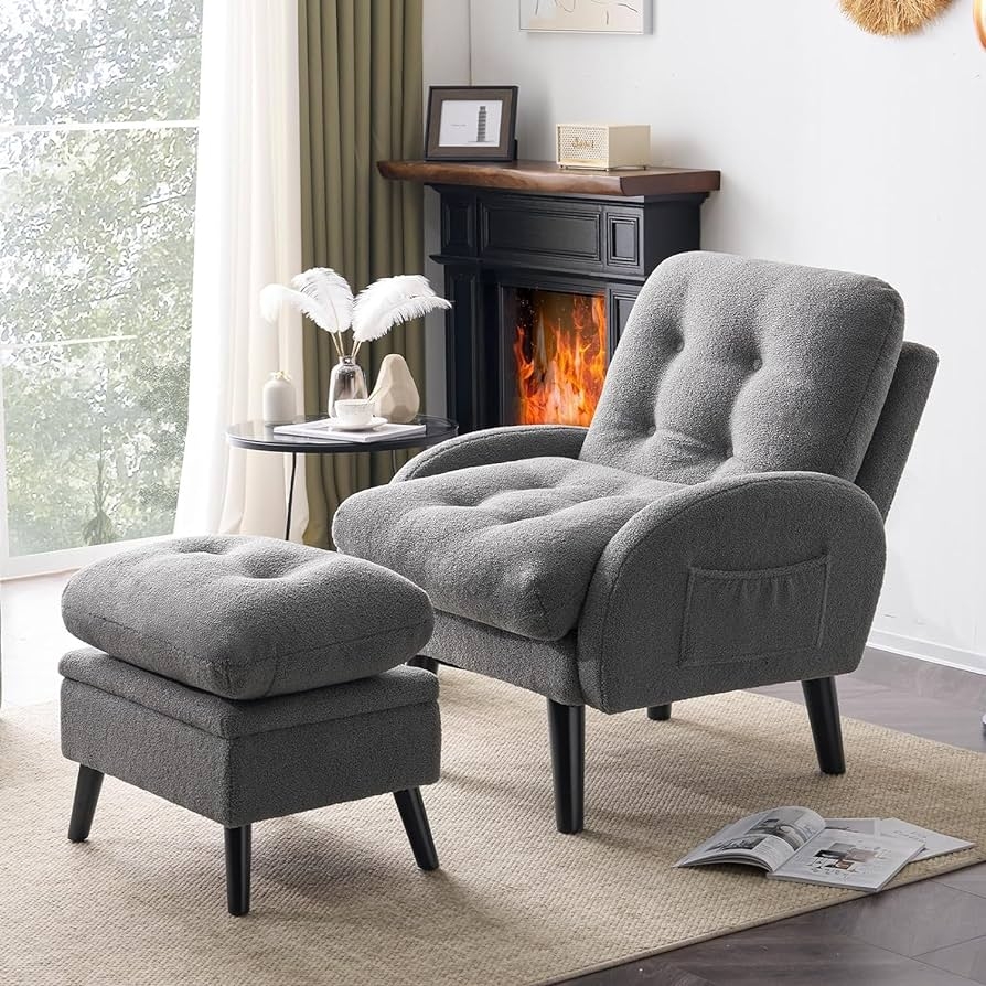 Accent Chair: Charcoal Teddy Fabric Storage Footrest Nook