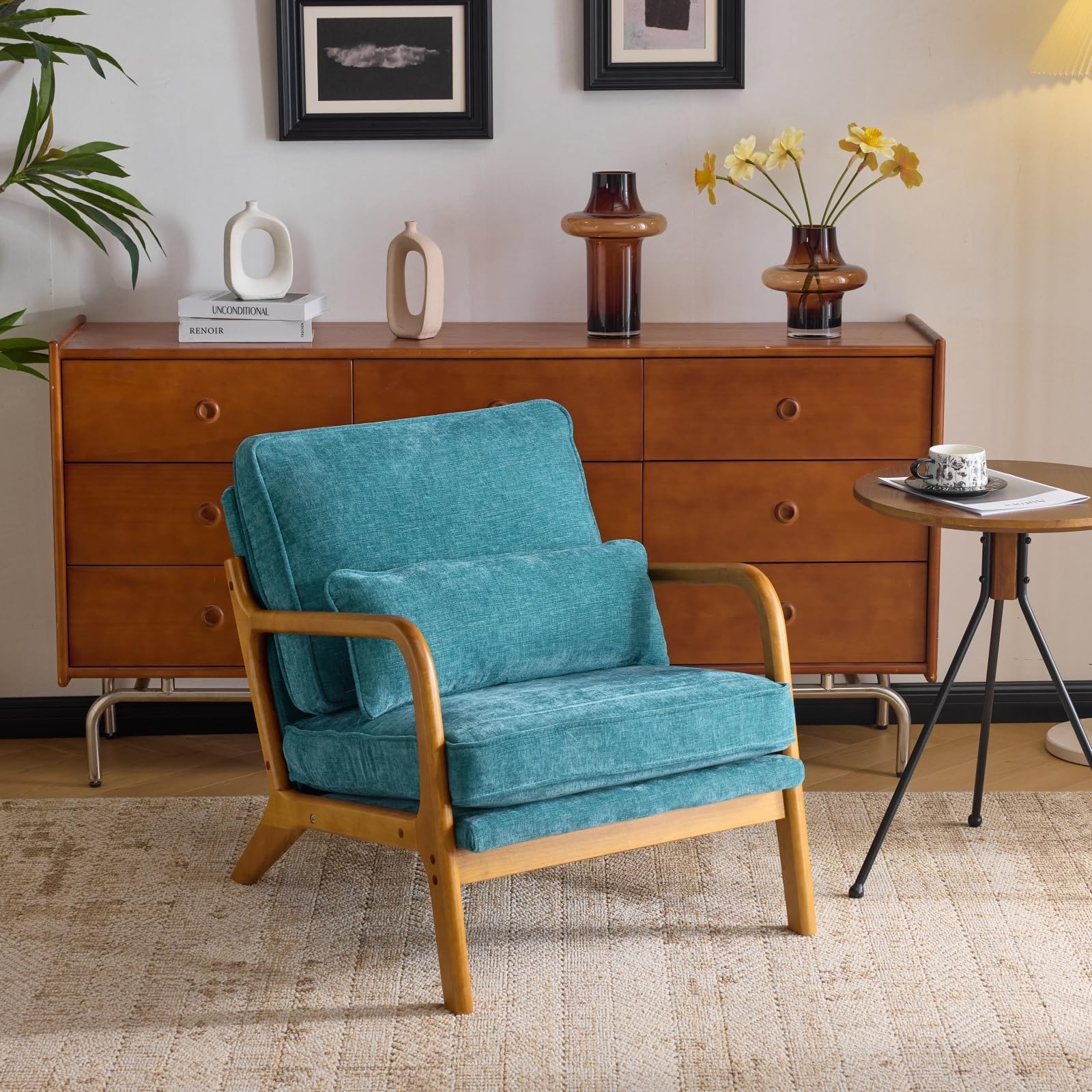 Accent Chair Chenille Fabric Matching Lumbar Pillow Curved Wood Arms