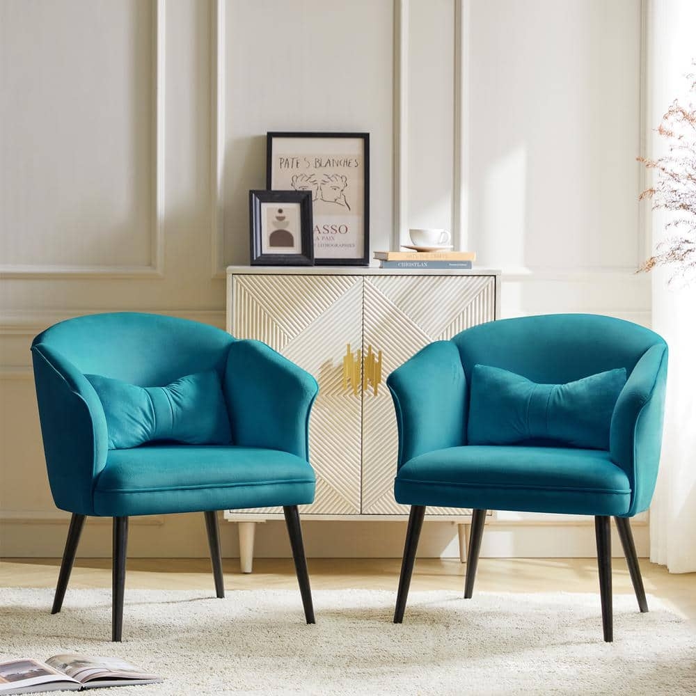 Accent Chair Cinched Lumbar Pillow Teal Tapered Dark Wood Legs