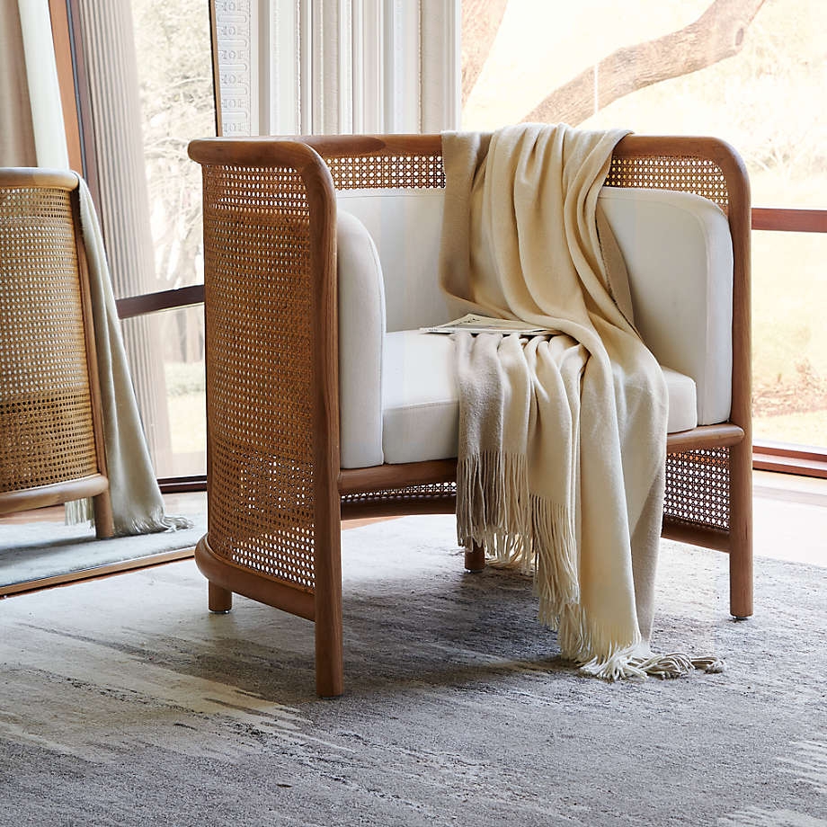 Accent Chair Curved Cane Back White Upholstered Accent Chair