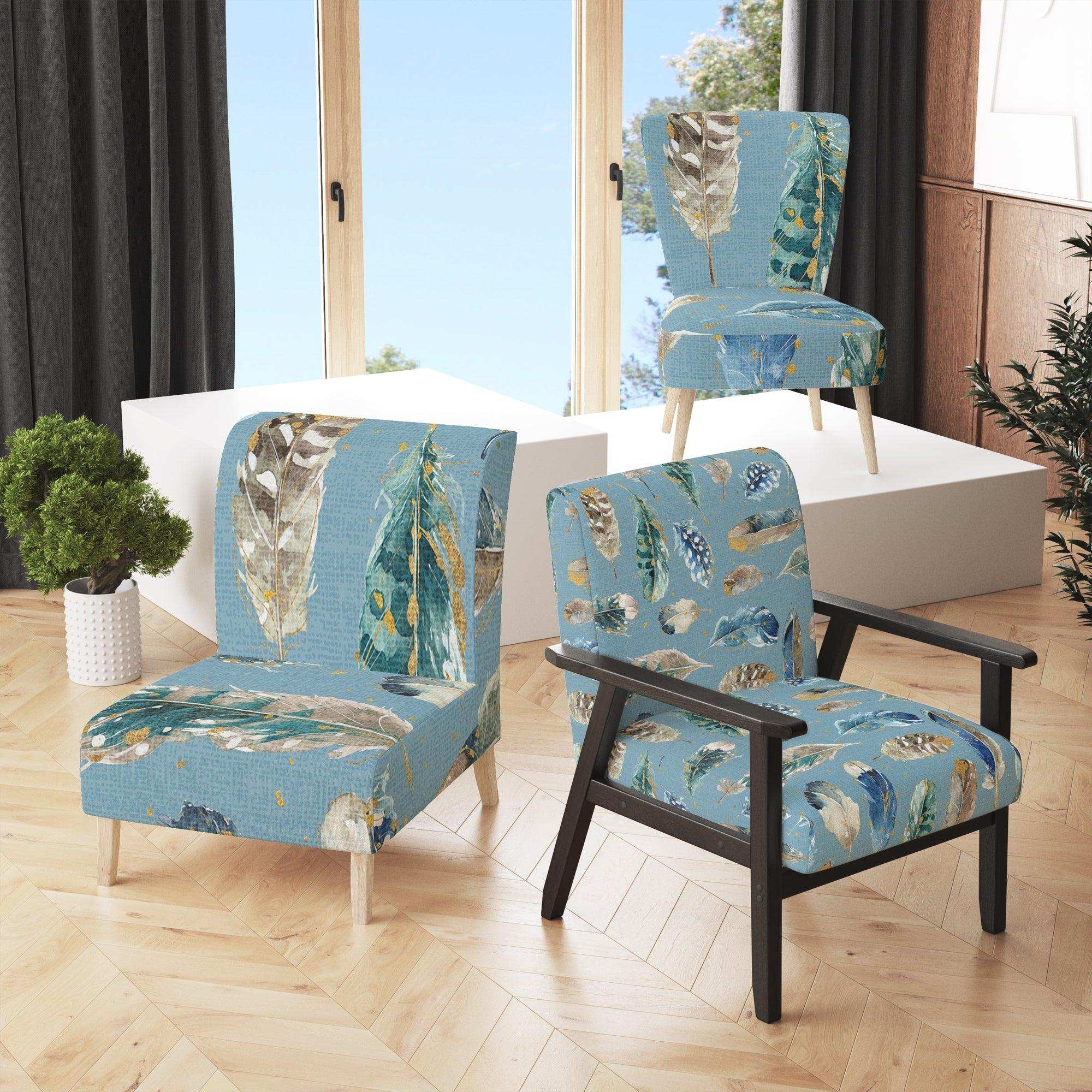 Accent Chair Feather Print Fabric Tapered Legs Bohemian Boho Chic