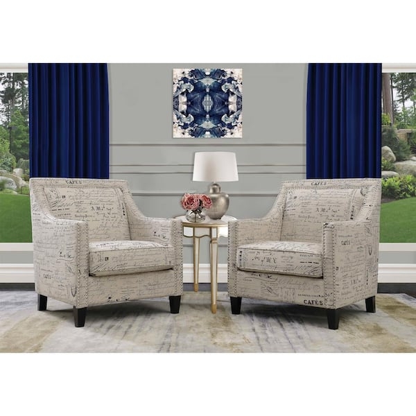 Accent Chair: French Script Print Silver Nailhead Seating