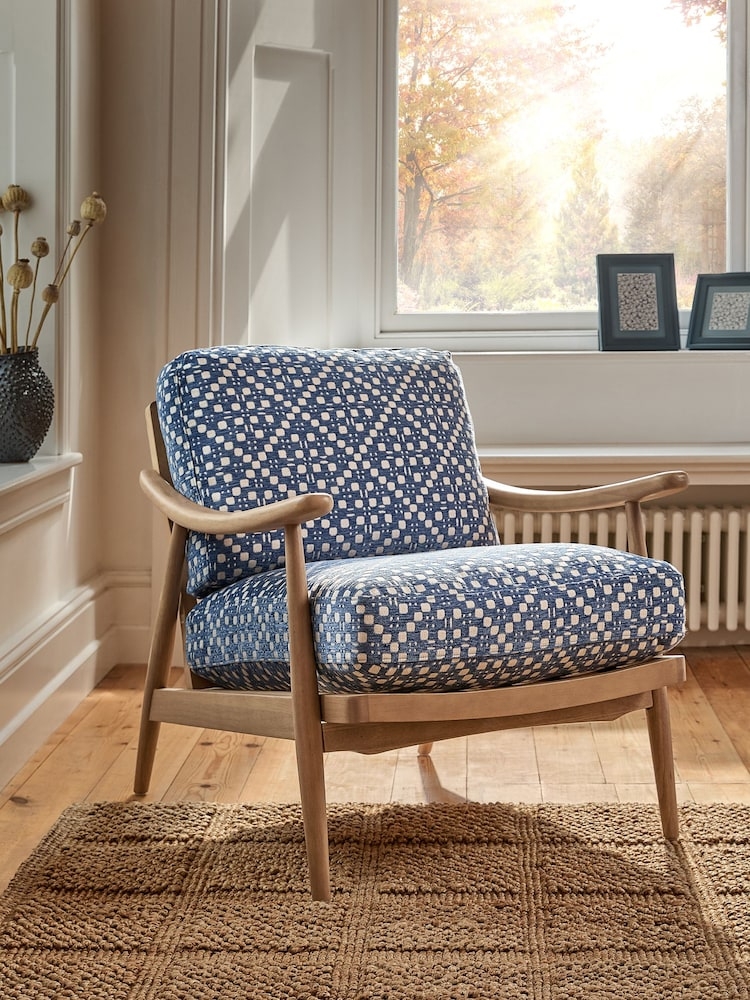 Accent Chair Geometric Pattern Curved Armrests Blue Geometric Accent Chair