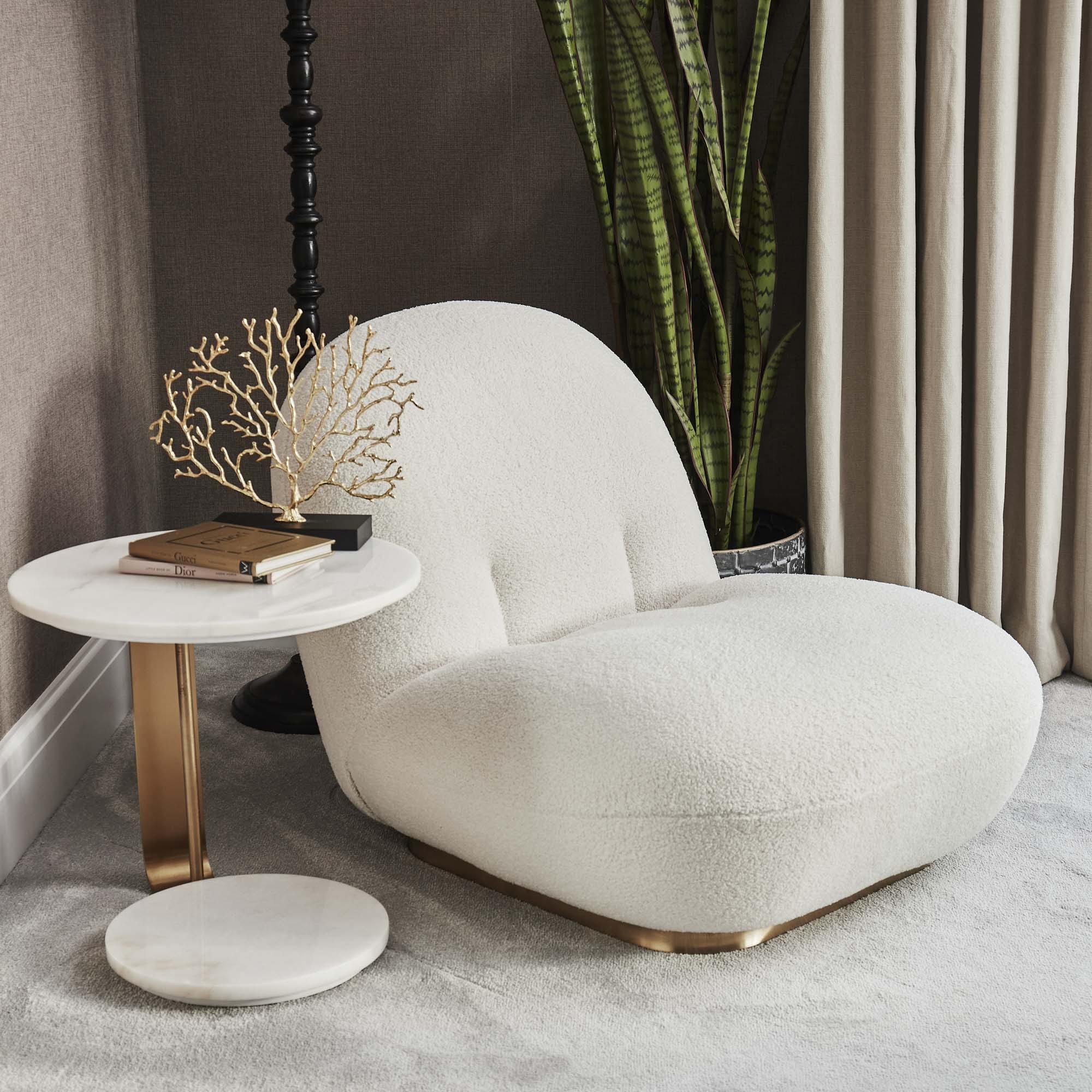 Accent Chair Gold Plinth Base Low Slung Boucle Lounge Chair