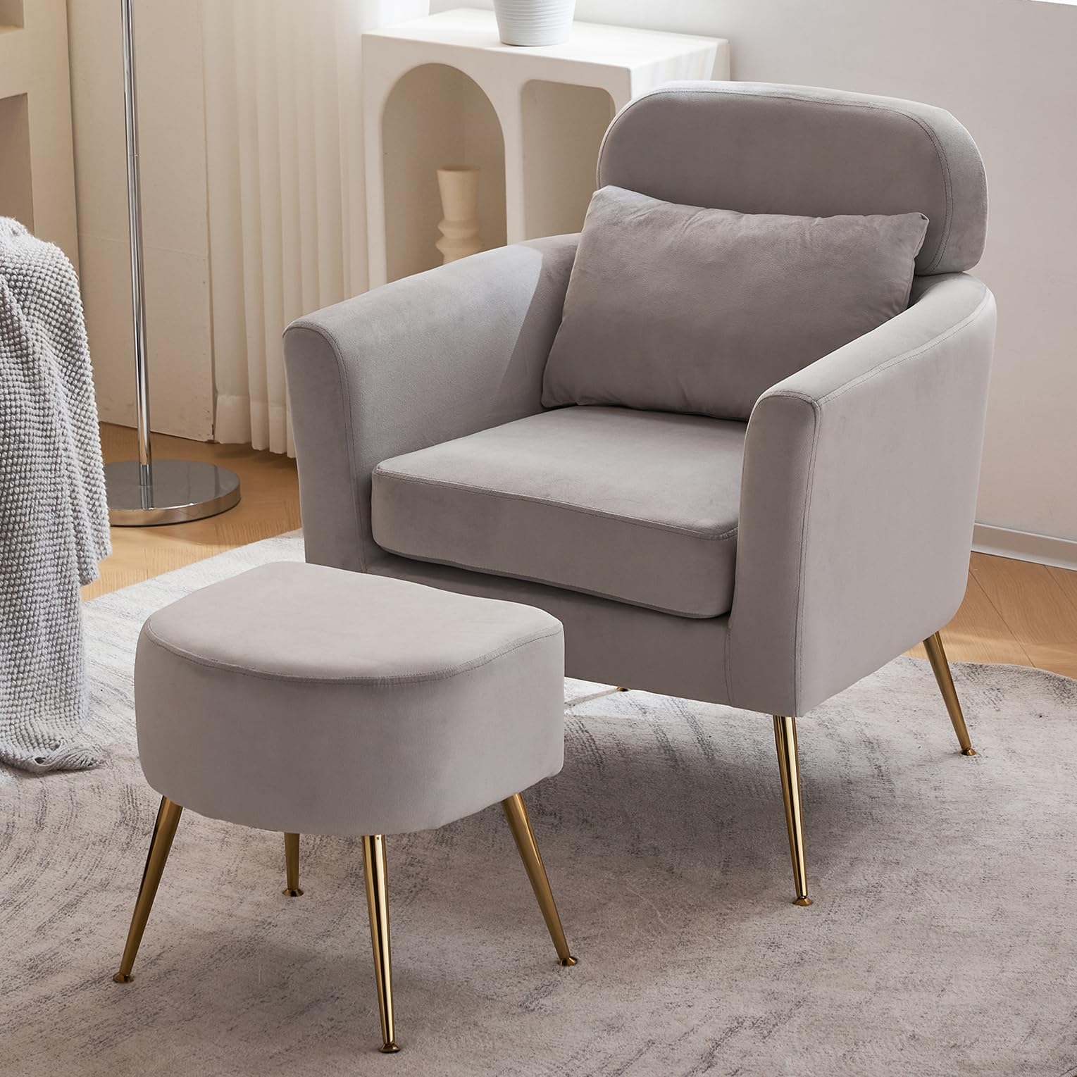 Accent Chair: Gray Gold Tapered Legs Velvet Reading Nook