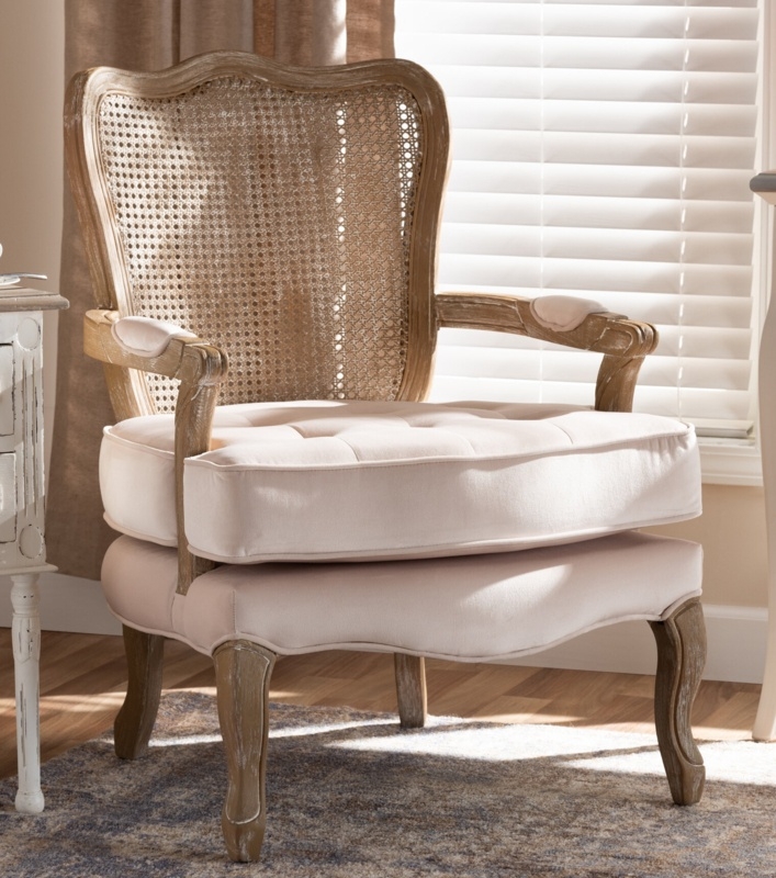 Accent Chair in Blush Pink Fabric with Rattan Cane Back