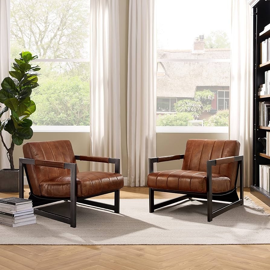 Accent Chair in Cognac Leather Look and Channel Tufting